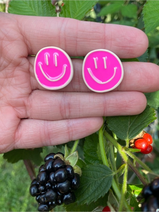 Jewelry - Dopamine Hot Pink Smiley Face Enamel Stud Earrings NWT
